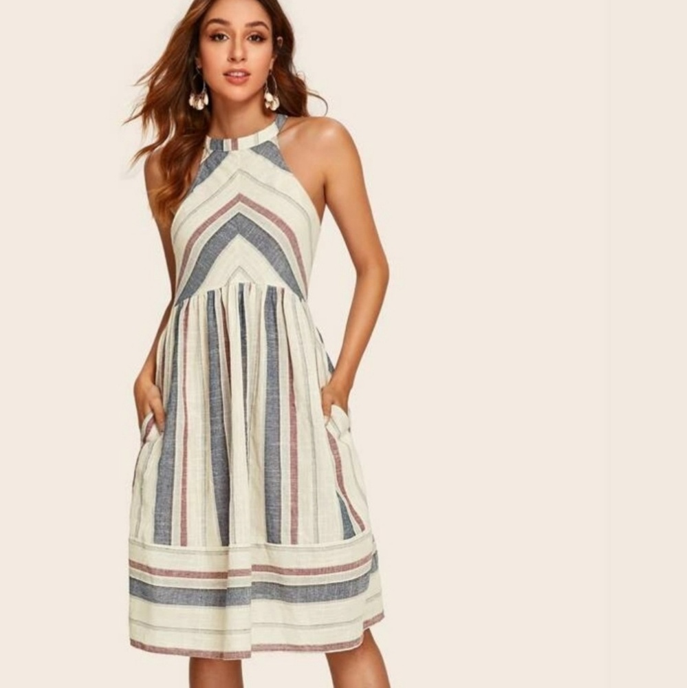 Womens Striped Halter Midi Dress